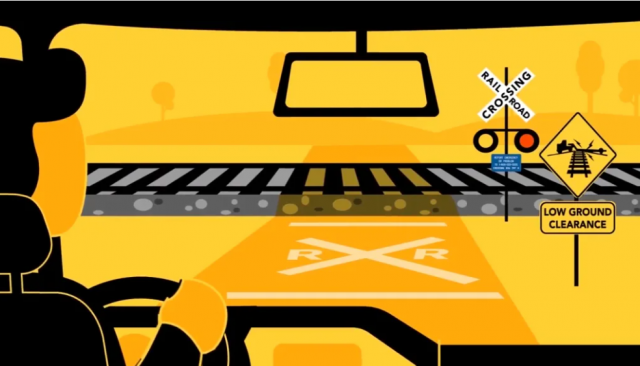 a cartoon image of a driver looking at a railroad crossing