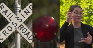 photos of a railroad crossing sign, red crossing warning signal and person communicating via ASL